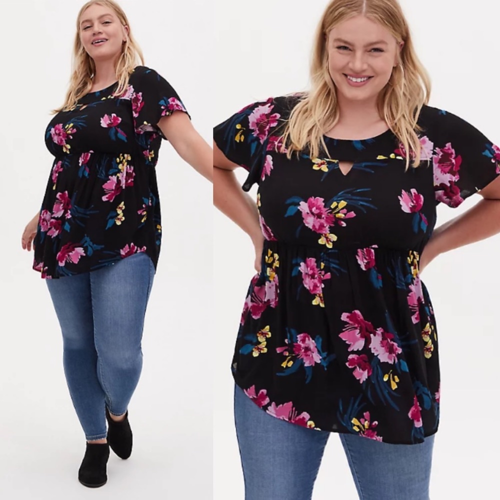 TORRID BLACK FLORAL GAUZE KEYHOLE BABYDOLL TUNIC